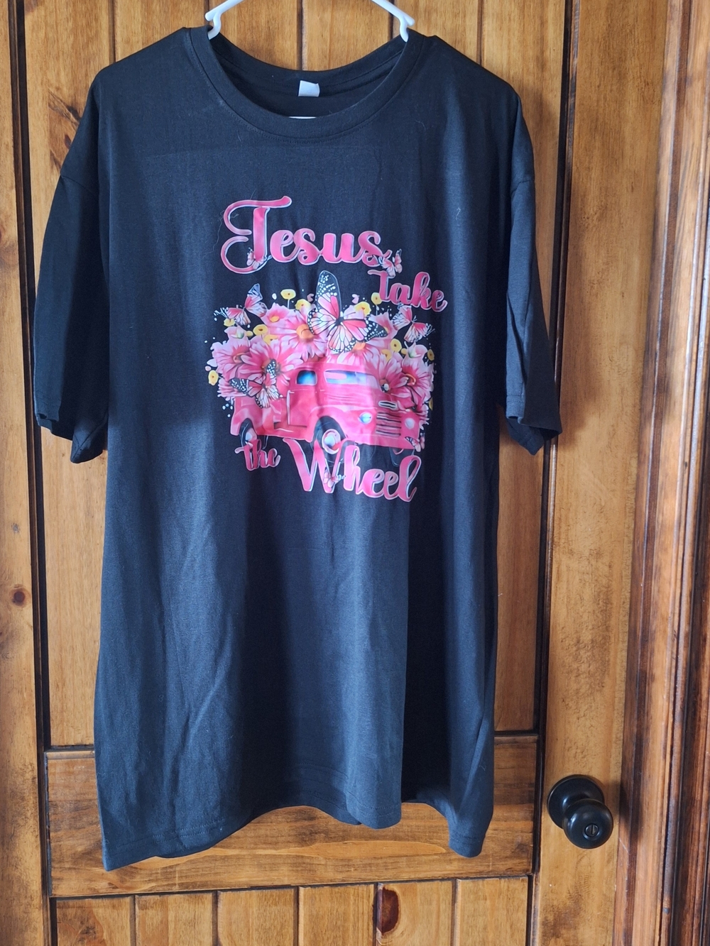 Womens  Black Graphic Tee - "Jesus Take the Wheel" Pink Truck Design